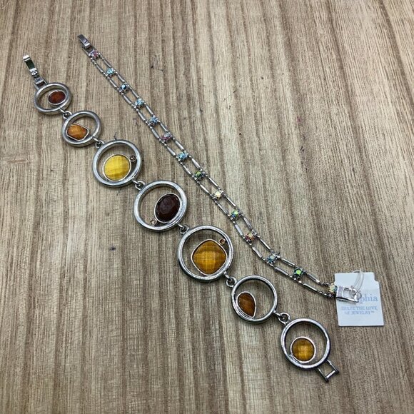 Lia Sophia Silver Tone With Brown Amber & Rhinestone BUNDLE Bracelet - Picture 1 of 4